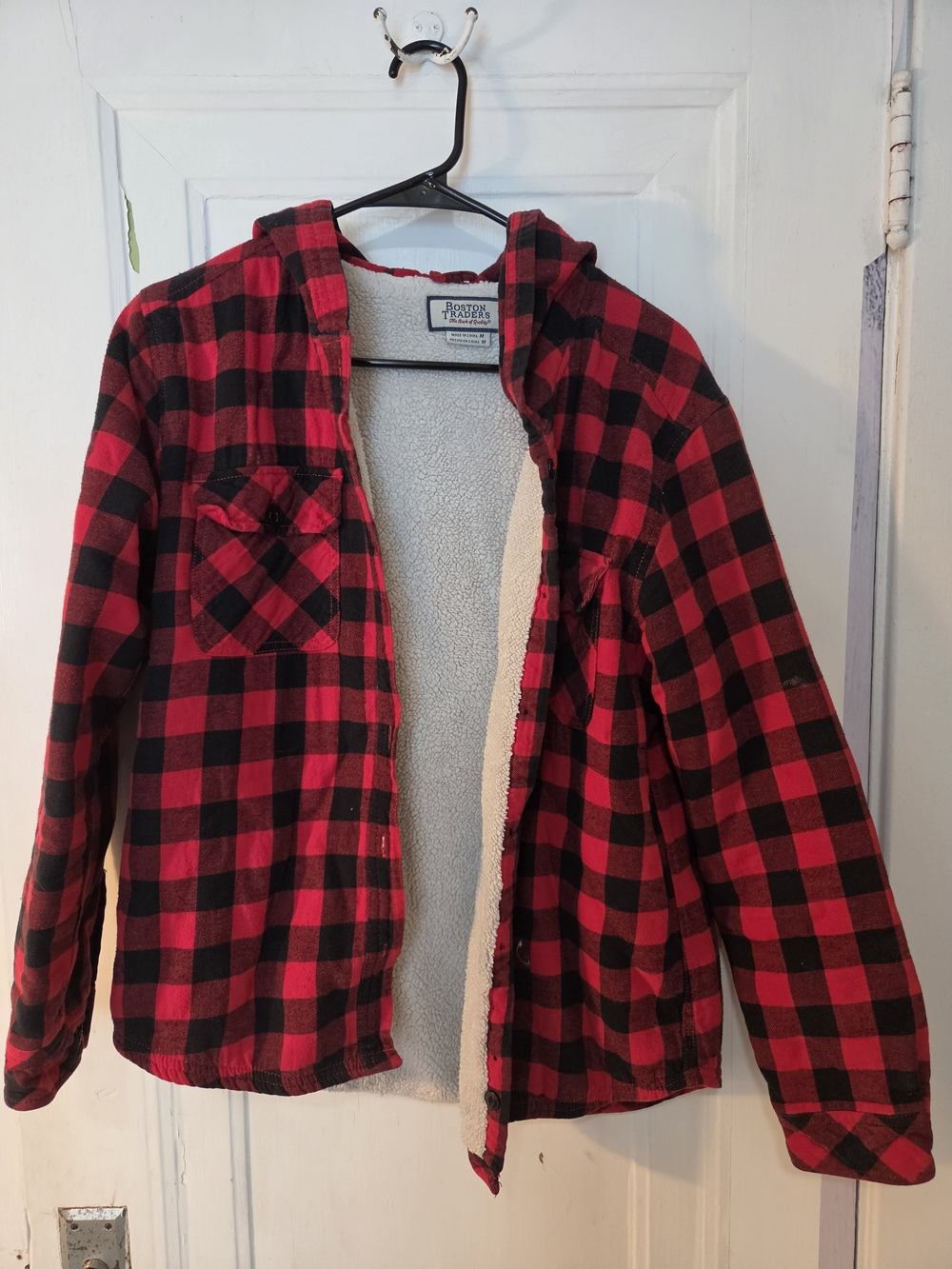 Boston Traders Red and Black Plaid Sherpa-Lined Women Jacket with Hood